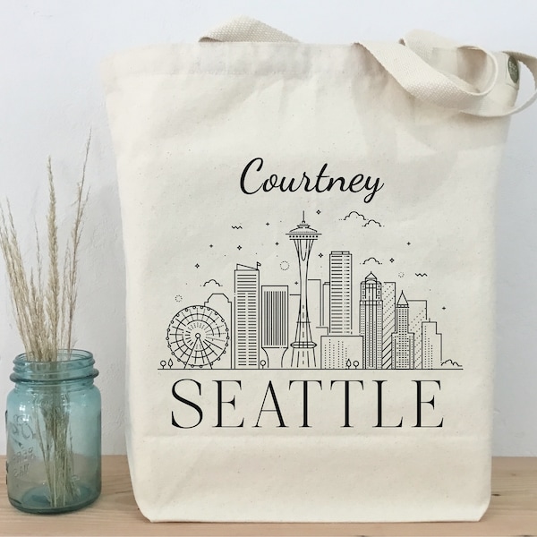 Personalized Seattle Tote, Seattle Market Tote, Reusable Shopping Tote, Bachelorette Party Tote, Personal Tote, Gift Tote, Seattle Skyline
