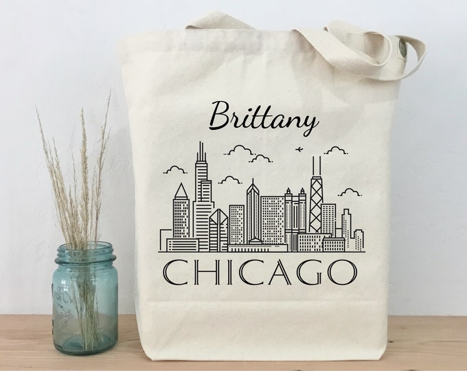 Personalized Chicago Skyline Cotton Canvas Tote Bag