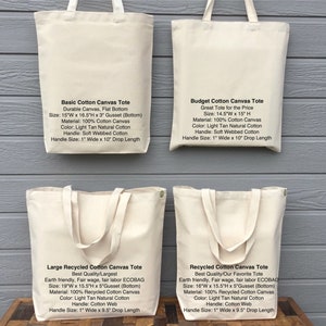 May include: Four different tote bags made of cotton canvas. The bags are all natural in color and have black text describing their size, material, and features. The bags are arranged in two rows of two, with the larger bags on the bottom.