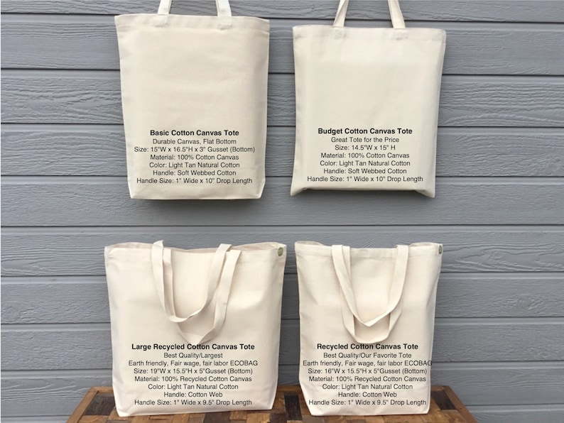 May include: Four different tote bags made of cotton canvas. The bags are all natural in color and have black text describing their size, material, and features. The bags are arranged in two rows of two, with the larger bags on the bottom.