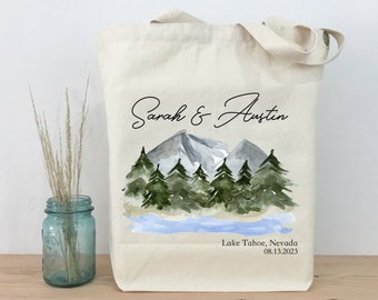Personalized Mountain Lake Wedding Tote Bag, Watercolor Guest Gift