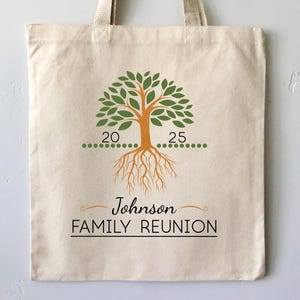 May include: A white canvas tote bag with a green tree design and the text "Johnson Family Reunion". The tree has orange roots and green leaves. There are 20 green dots on one side of the tree and 25 green dots on the other side.