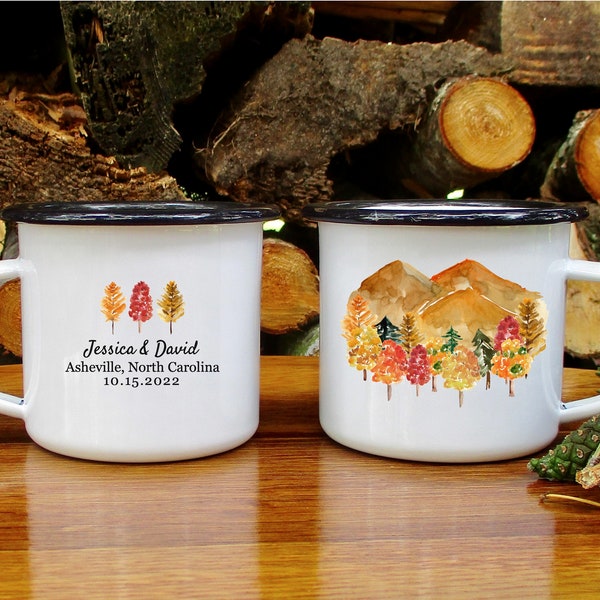 Fall Mountain Wedding Mug, Autumn Wedding Camp Mug, Mountain Wedding, Camp Mug, Personalized Wedding Guest Gift, Wedding Favor, Wedding Gift