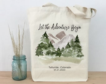 Let the Adventure Begin Mountain Tote Bag, Mountain Wedding Welcome Bag, Mountain Bachelorette Tote, Wedding Guest Bag,  Hotel Welcome Tote