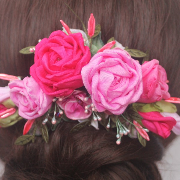 Ribbonwork Hair Accessory Bridal Corsage Wedding Hair Flowers in Bright Hot Pink