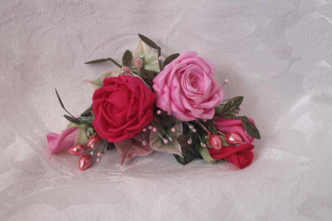 Ribbonwork Applique Bridal Hair Accessory Floral Pin Corsage With