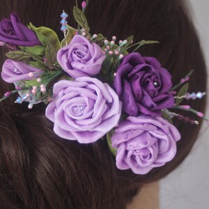 Ribbonwork Applique Millinery Flowers Corsage Bridal Hair Clip with Shades of Violet Purple Roses 4 roses, Crystal Accent Picks, Stamens