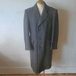 Vintage Herringbone Tweed Wool Overcoat - Men&#39;s Size 44