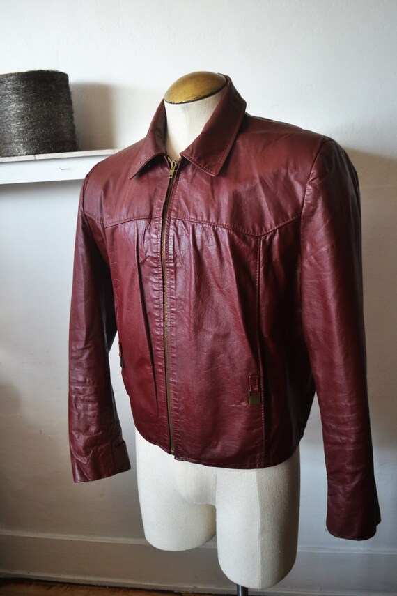 70's Oxblood Leather Bomber Jacket/ Men's Waist L… - image 5