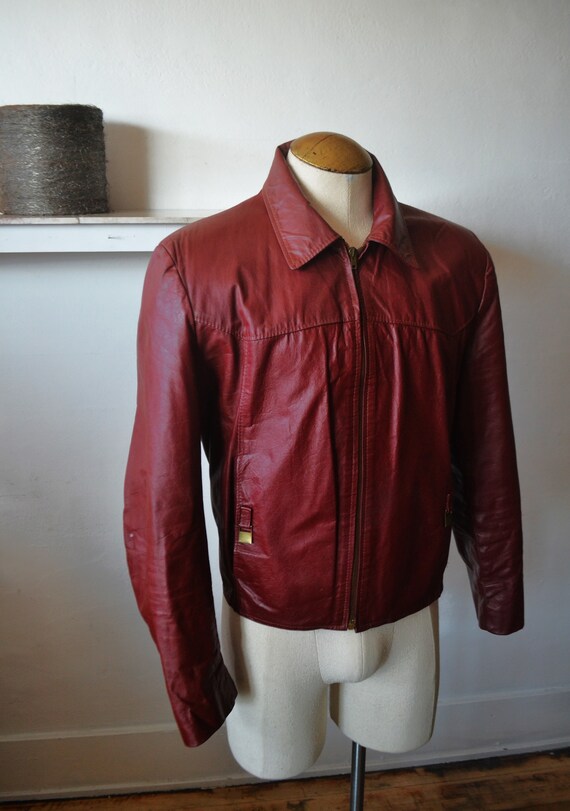 70's Oxblood Leather Bomber Jacket/ Men's Waist L… - image 4
