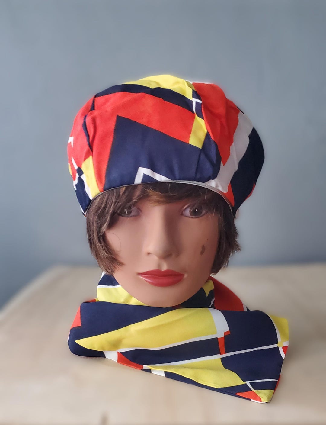 Vintage 60s Mod Beret and Scarf Set: Geometric Colorblock Silk Acetate ...