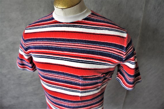 60s Terry Cloth Crew Neck Shirt/ Striped Pullover/