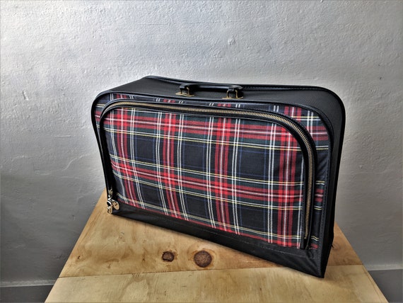 Tartan Plaid Canvas Suitcase/ Midcentury Overnigh… - image 2