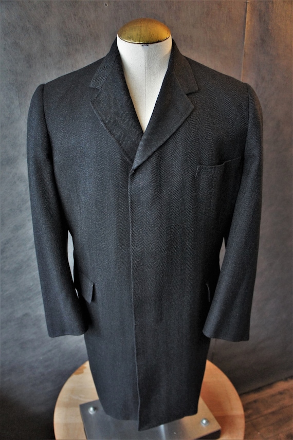 50s Wool Herringbone Banker's Coat/ Topcoat/Size … - image 3