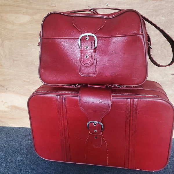 Vintage Naugahyde Carry On/ Personal Luggage/ 70's Travel/ Vegan Suitcase/ 2 Piece Luggage Set/ Gift For Him