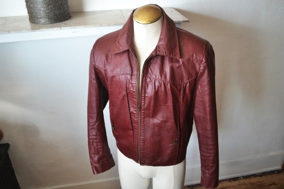 70's Oxblood Leather Bomber Jacket/ Men's Waist L… - image 6