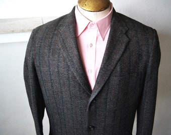 50"s  Hopsack Wool Twill Sport Coat/ Men's Vintage Striped Sport Jacket/ Size 42