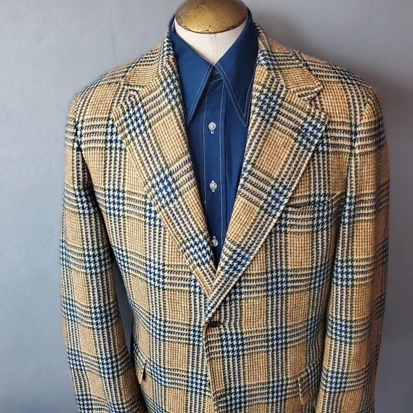 Houndstooth Harris Tweed Sport Coat/ 70s Wool Plaid Tweed Sport Jacket/ Men's Size 44L