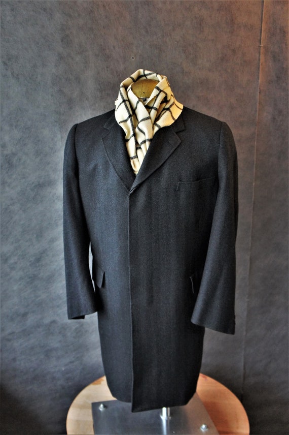 50s Wool Herringbone Banker's Coat/ Topcoat/Size … - image 2
