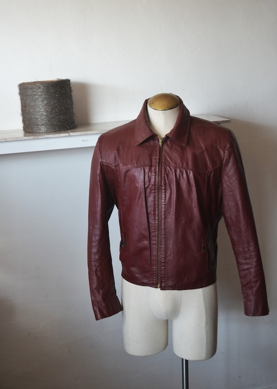 70's Oxblood Leather Bomber Jacket/ Men's Waist L… - image 3