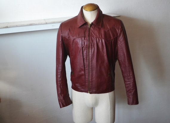 70's Oxblood Leather Bomber Jacket/ Men's Waist L… - image 2