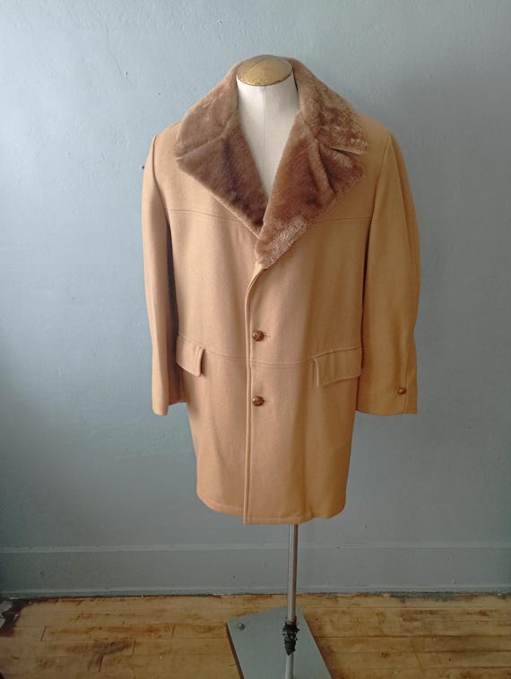 Vintage Men's Camel Wool Coat: Pile Lined 1960s Overcoat, Size 46