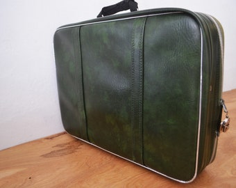 Vintage Green Naugahyde Weekender Bag: 1970s Carry On Suitcase