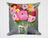 Art Throw Pillow, 18x18 Square, Perfect Harmony Art by Sharon Sudduth, Pink Floral, Gray, Home Decor, Shabby Chic