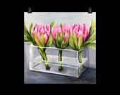 Floral Art Print of Acrylic Painting, Pink Proteas in Vase, quot Pass Me Not quot by Artist Sharon Sudduth, 12x12 inch
