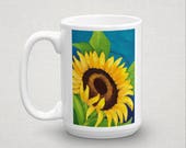 Sunflower Art Mug by artist Sharon Sudduth quot Make A Joyful Noise quot 15 oz, Tea, Coffee, Bible Verse, Psalm 95 1, Yellow Flower