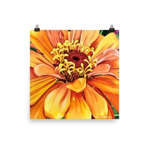 Art Print | Brighter Days | Orange Zinnia 18"x18" Big Floral Wall Art