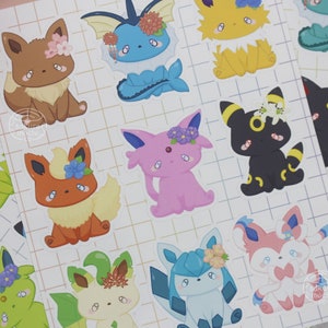 Naklejki Eeveelution Floral | Błyszczące naklejki Eeveelution Flower | Urocze naklejki z grami wideo Anime