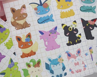 Floral Eeveelution Sticker Sheets | Shiny Eeveelution Flower Stickers | Cute Anime Video Game Stickers