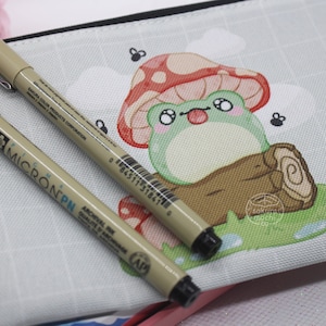 Frog with Mushroom Hat Pencil Pouch | Cute Canvas Bag | Cottagecore Aesthetic Stationery Bag