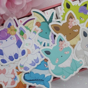 Błyszczące kwiatowe naklejki Eeveelution | Kawaii naklejki Eeveelution | Słodkie naklejki z grami wideo anime