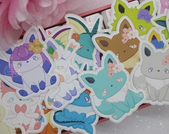 Glänzende Blumen Evoli-Aufkleber | Kawaii Evoli-Aufkleber | Niedliche Anime Videospiel Sticker