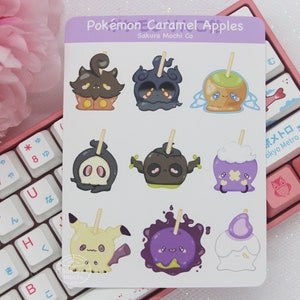 Süßer Poke Caramel Apfel Sticker Bogen | Niedliche Anime Videospiel Aufkleber | Poke inspirierte Aufkleber | Kawaii Sticker Bogen | Niedliches Briefpapier