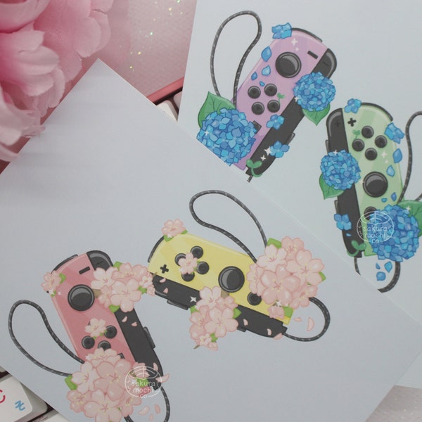 Floral Pastel Joycon Prints | Cute Switch Art Print | Cherry Blossoms and Hydrangeas | Kawaii Art Print | Wall Art Print | Kawaii Decor