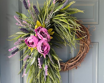 Purple Peony & Lavender Wreath, Peony Wreath, Year Round Wreath, Double Door Wreath, Grapevine Wreath, front door wreath, peonies greenery