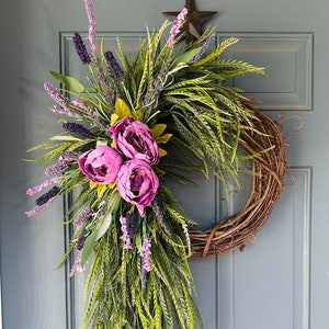 Purple Peony & Lavender Wreath, Peony Wreath, Year Round Wreath, Double Door Wreath, Grapevine Wreath, front door wreath, peonies greenery