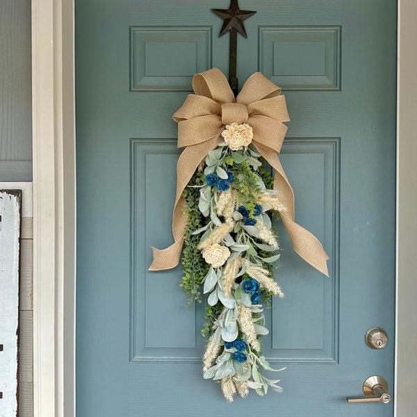 Everyday Lamb’s Ear, Eucalyptus & Pampas Swag, Large Swag, Swag, burlap sola flowers blue, front door swag farmhouse boho spring summer fall