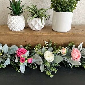 Pink & White Peony Garland, Wedding Garland, Lighted Garland, Pink Garland, Shower Decor, flowers eucalyptus lambs ear pink peonies flower
