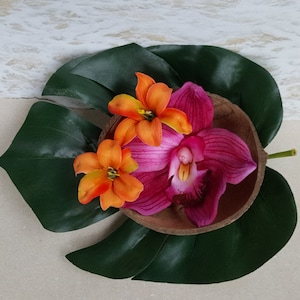 Tropical Ring Pillow - Coconut, Palm Leaf, Orchid & Lilies - Ring Bearer Alternative Palm Wedding Hawaiian Palm Coconuts Shell  Ringbearer