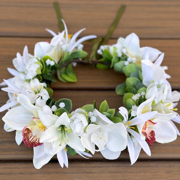 White Tropical Forever Haku - wedding flower crown, wedding Haku, adjustable Tahitian flower crown with orchids, lilies, eucalyptus, roses