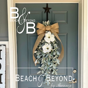 Lambs Ear Farmhouse Teardrop Swag Wreath For Front Door, Wall, Sprng