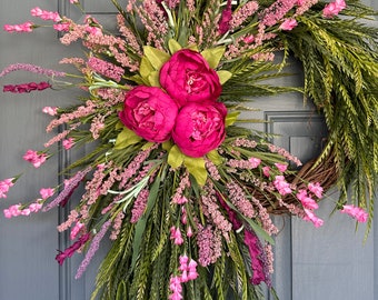 Pink Every Day Wreath, Peony Wreath, Double Door, Year Round Wreath, Spring Decor, Pink Wreath, Grapevine Wreath, front door wreath, swag