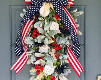 American Peony Swag; Red, White and Blue Swag; Hydrangea Swag, red white blue front double door swag America 4th July patriotic Memorial