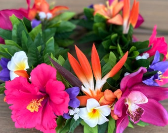 HARIM ハリム Leef Feather with Golden rose Tropical Forever Haku - Adjustable Tahitian Flower Crown