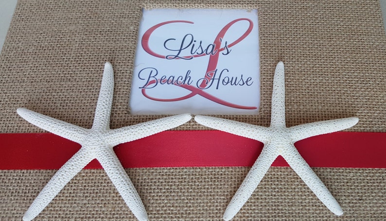 Pen Inlcuded Coastal Sign In Book Starfish Sand Surf Coast Cottage Home Beach House Guest Book Set Customized Monogram and Welcome Page