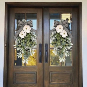 Magnolia, Eucalyptus & Lamb’s Ear Swag; Magnolia Swag; Double Door Swags; Teardrop Door Hanger Spring Summer Wreath farmhouse double doors